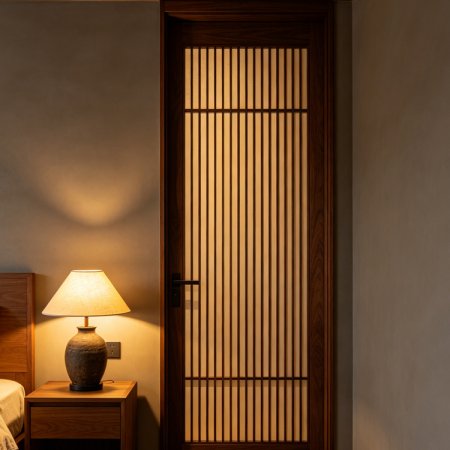日式竖条格栅卧室门 中古 黑胡桃原木背光禅意 石家庄 | 京晋冀原木全屋定制